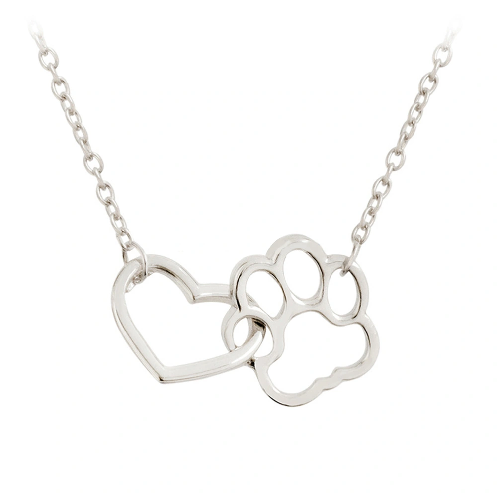 Dog Love Heart Necklace Fashion Animal Footprint Necklace Women Girls Jewellery Gift (Silver)