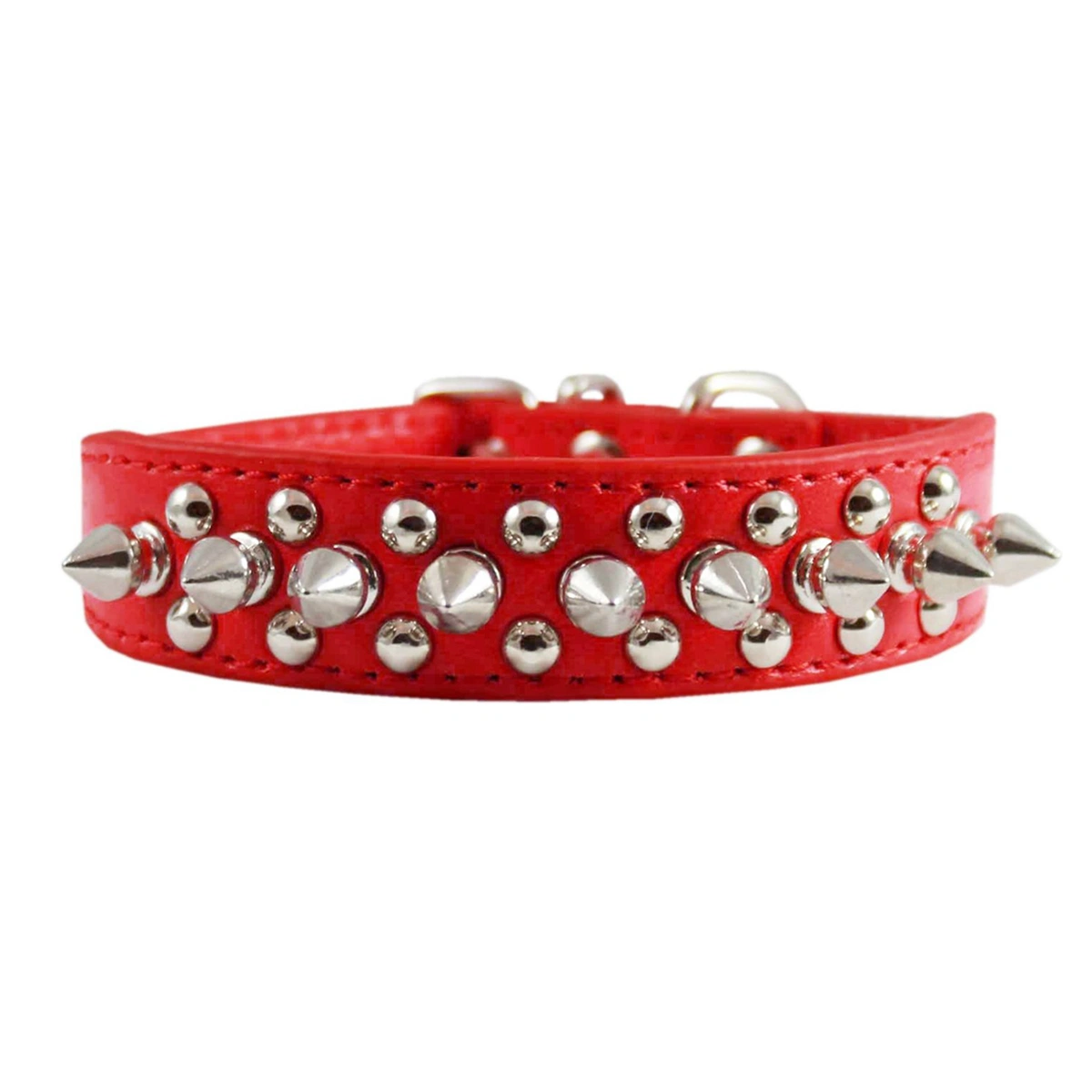 Adjustable Puppy Pet Dog Spiked Studded PU Dog Collar - Size S (Red)