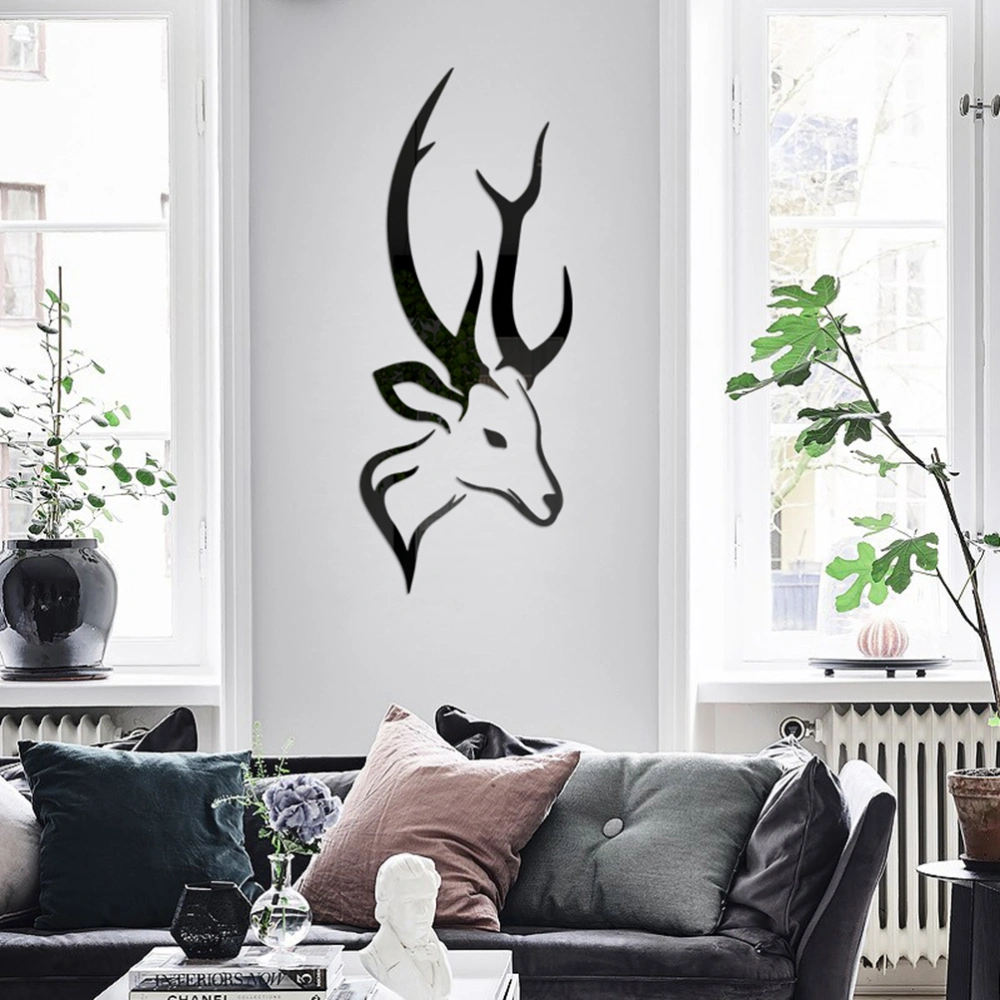 Deer Head DIY Mirror Wall Sticker Acrylic Crystal Mirror Sticker Wall Decal for Home Living Room Bedroom Bathroom (Black)