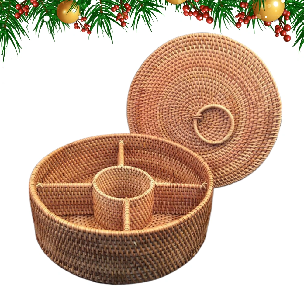 1PC Round Handmade Rattan Woven Storage Basket Fruit Food Sundries Picnic Organizer with Lid (Size L)