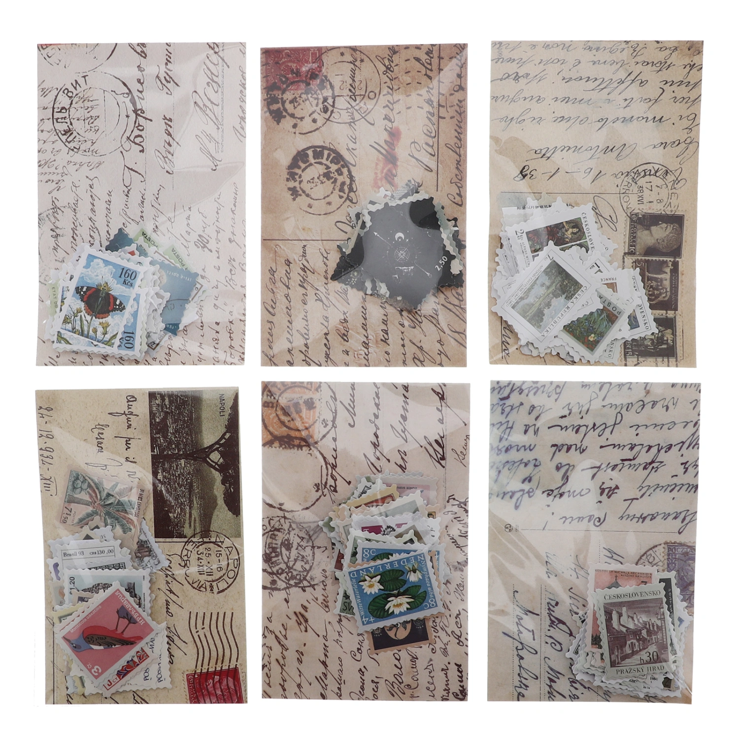 6 Packs Postage Stamp Flake Stickers Set Vintage Botanical Decor Sticker