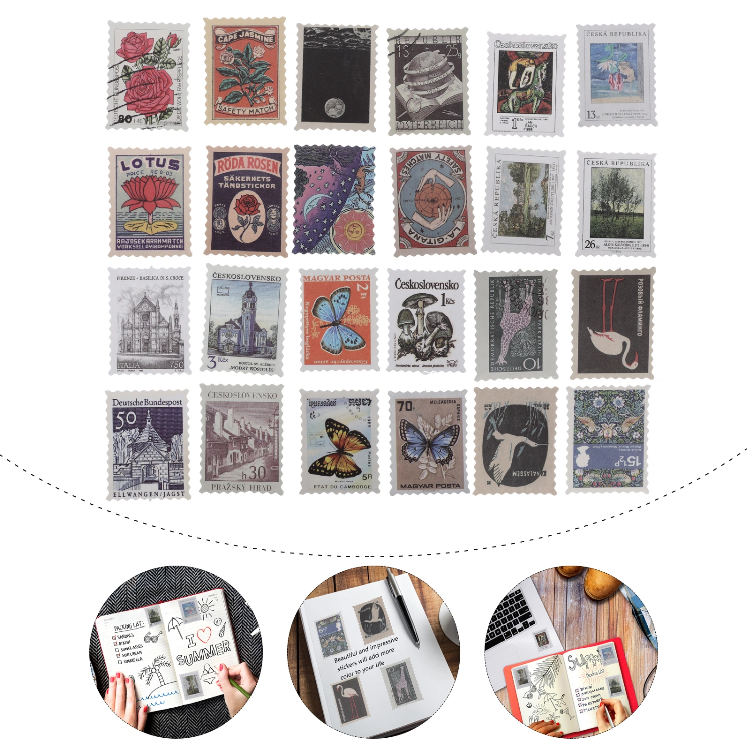 6 Packs Postage Stamp Flake Stickers Set Vintage Botanical Decor Sticker