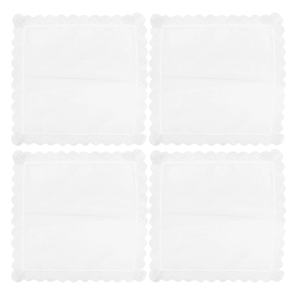 4Pcs Cotton Handkerchief White Mocket Lace Hanky White Lace-edge Handkerchief (White)