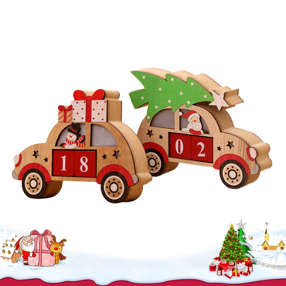 2pcs Glowing Christmas Wooden Calendar Decor Desktop Adornment Creative Car Shape Calendar Ornament Photography Props for Office Home (Santa and Snowman Pattern)