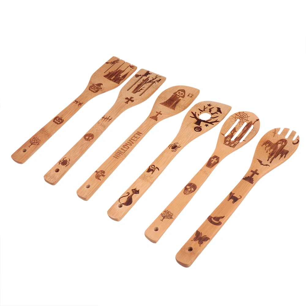 6pcs Halloween Bamboo Spoons Spatula Kitchen Bamboo Utensil Set (Wood Color)