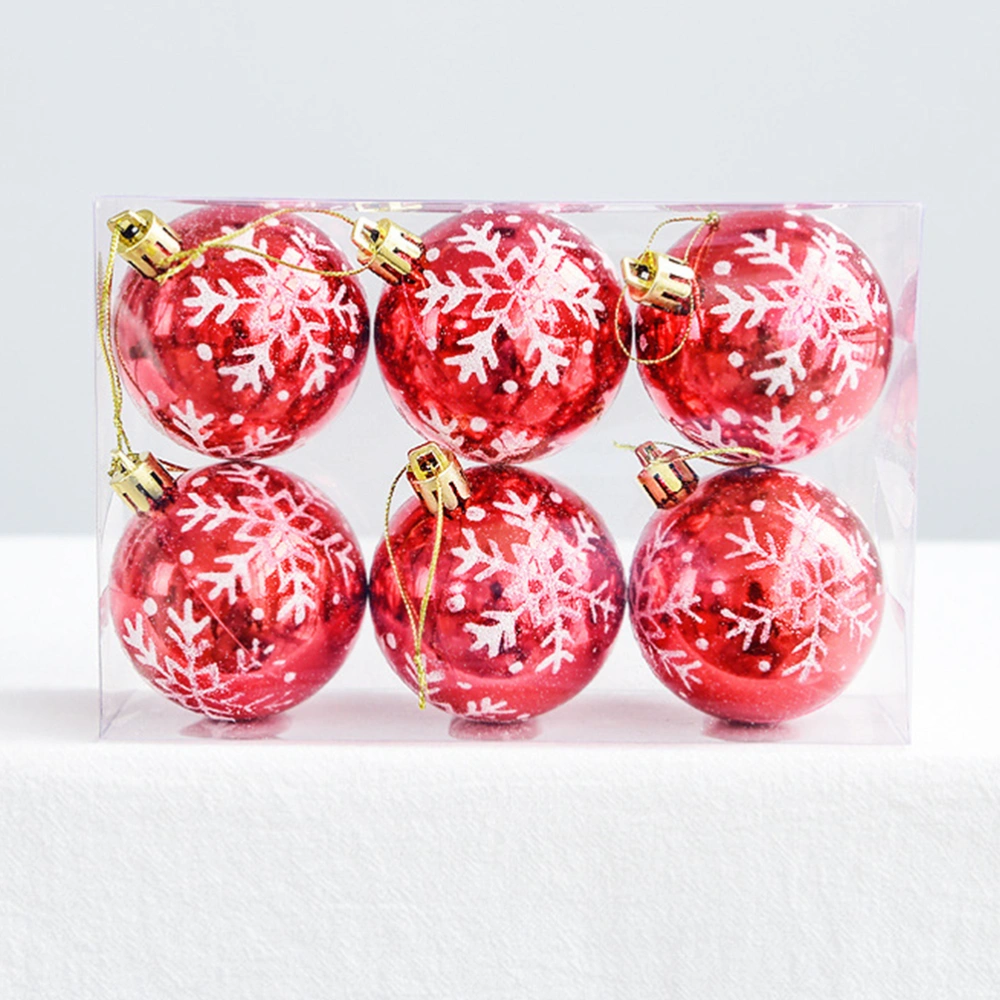 6pcs Christmas Ball Decorations Creative Christmas Tree Hanging Decor 6CM Bright Plastic Plating Ball Pendants Snowflake Painted Christmas Ball Pendant for Wall Decor Red