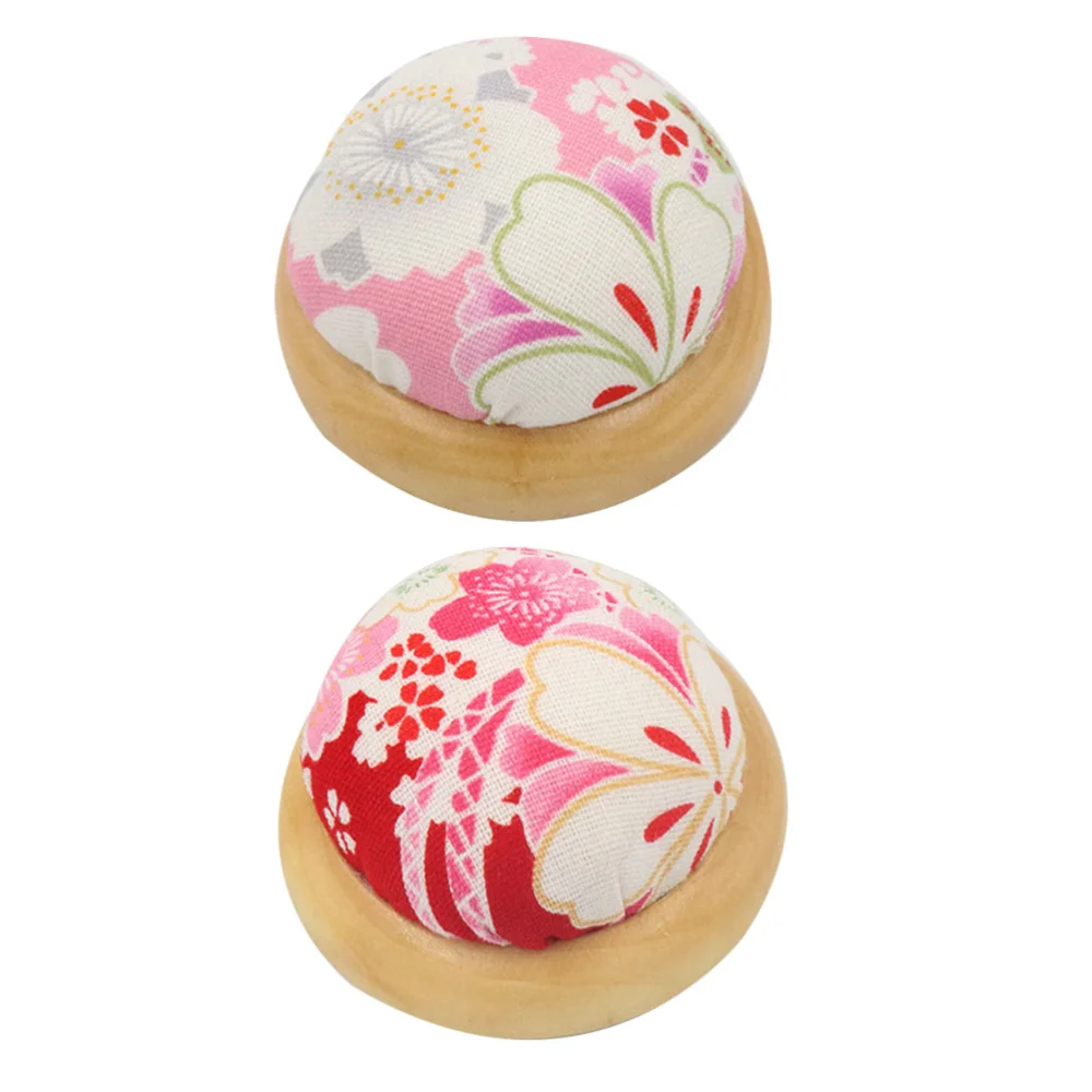 2 Pcs Japanese Style Wooden Base Pin Cushion Lovely Cherry Blossom Printing Needle Cushion DIY Handcraft Sewing Tool Supplies (Pink, Red Style)