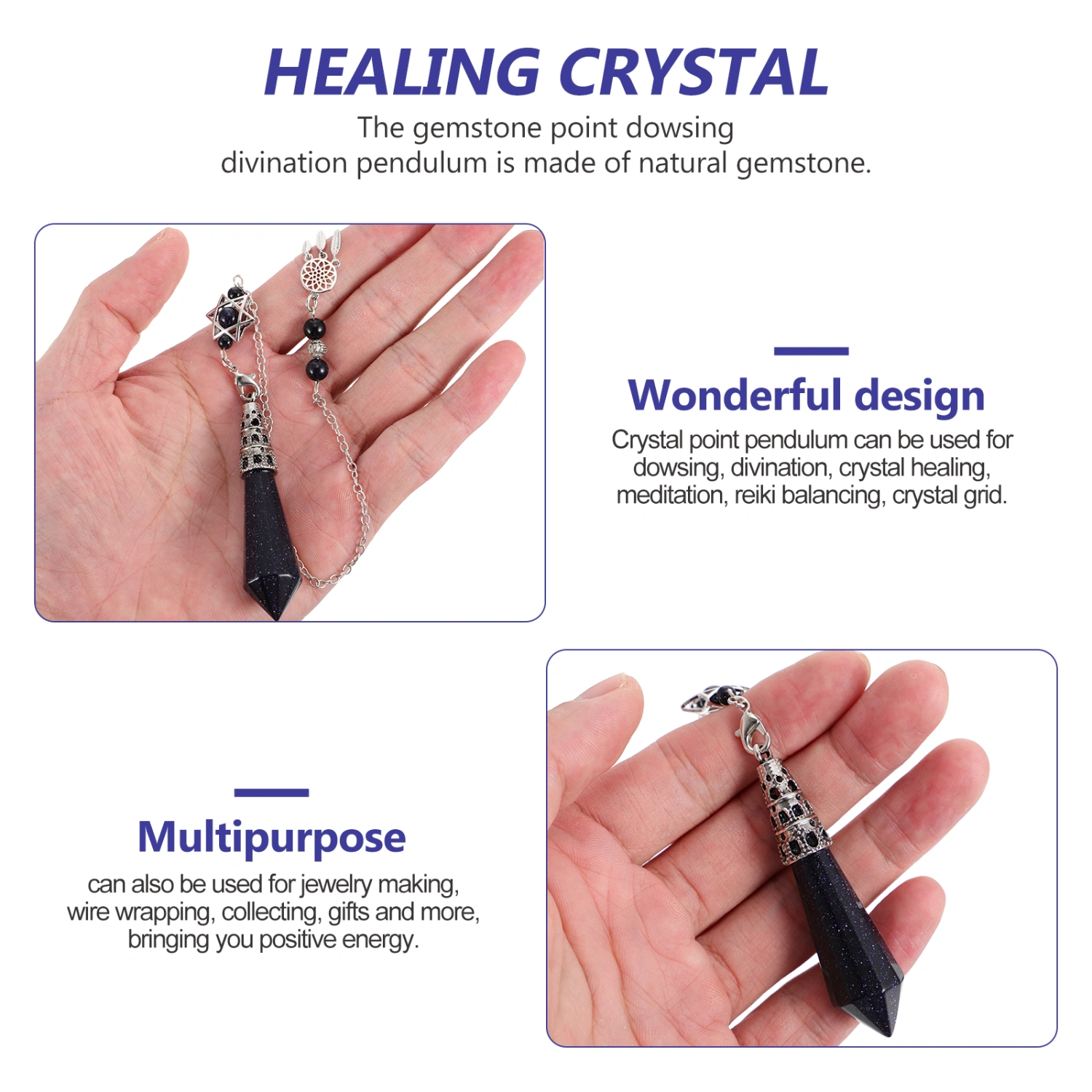 Natural Black Obsidian Crystal Pendulum Healing Crystal Gemstone Pendulum (Blue)