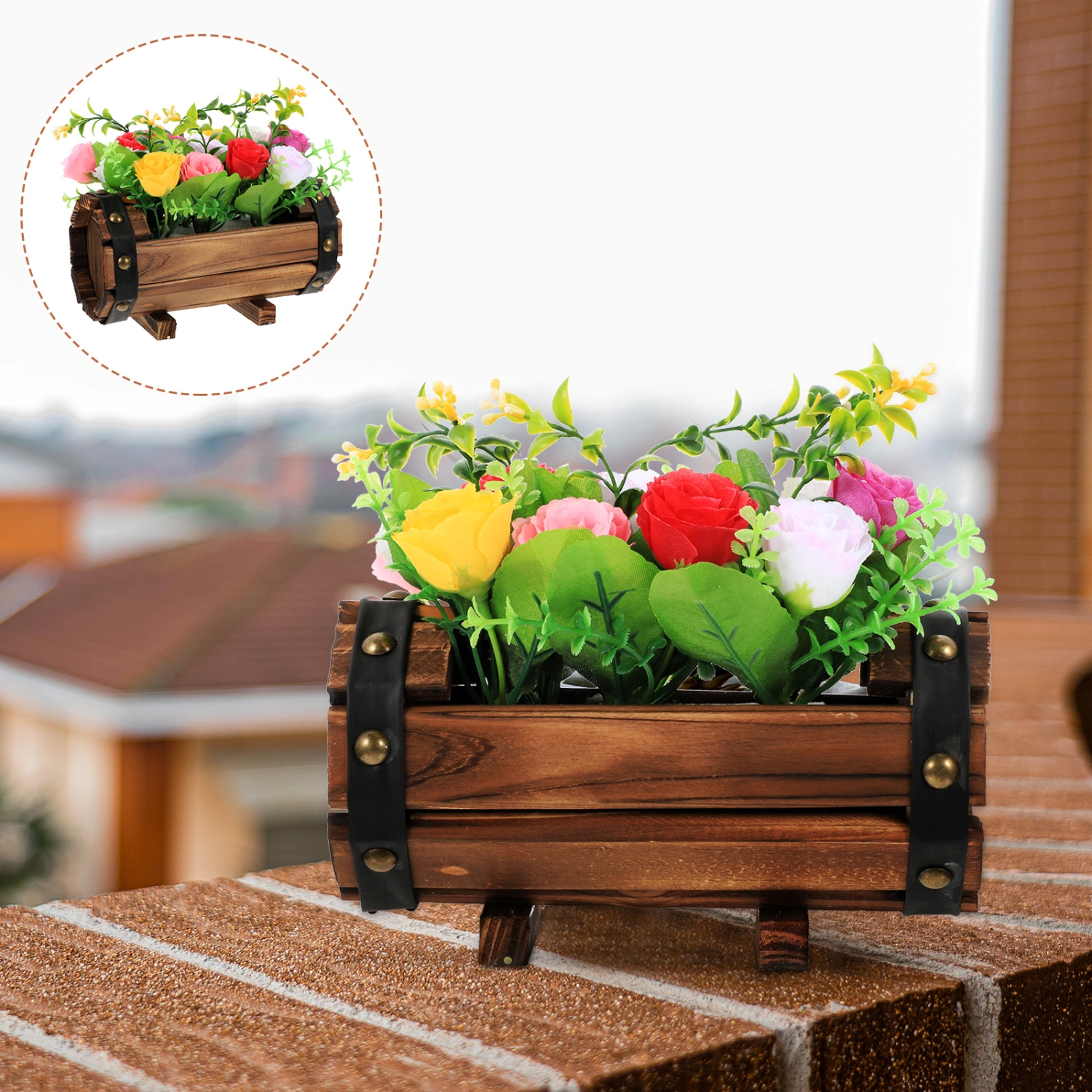 Artificial Flowers in Wood Pot Outdoor Wedding Flower Decorations Potted Faux Flowers