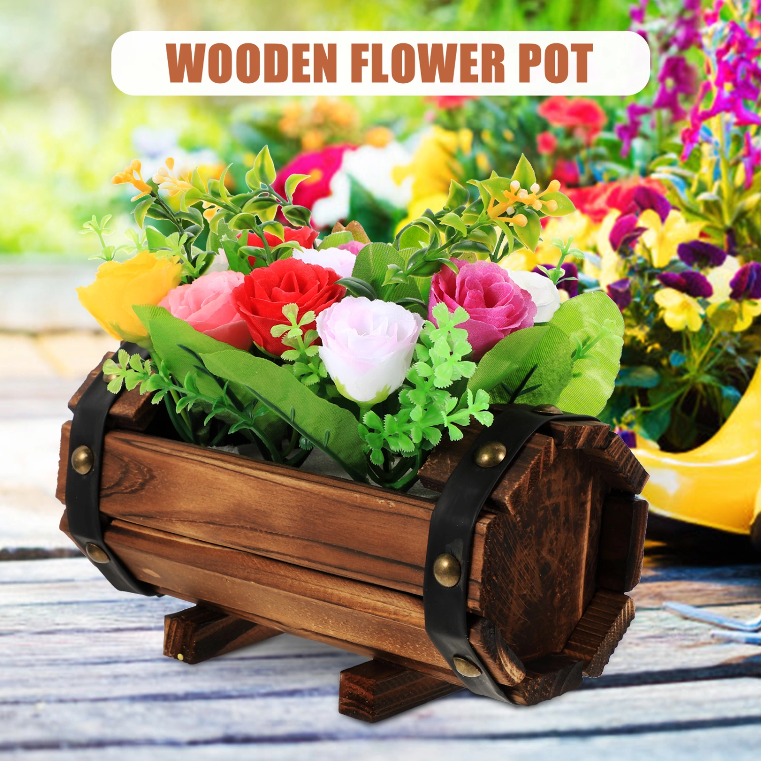 Artificial Flowers in Wood Pot Outdoor Wedding Flower Decorations Potted Faux Flowers