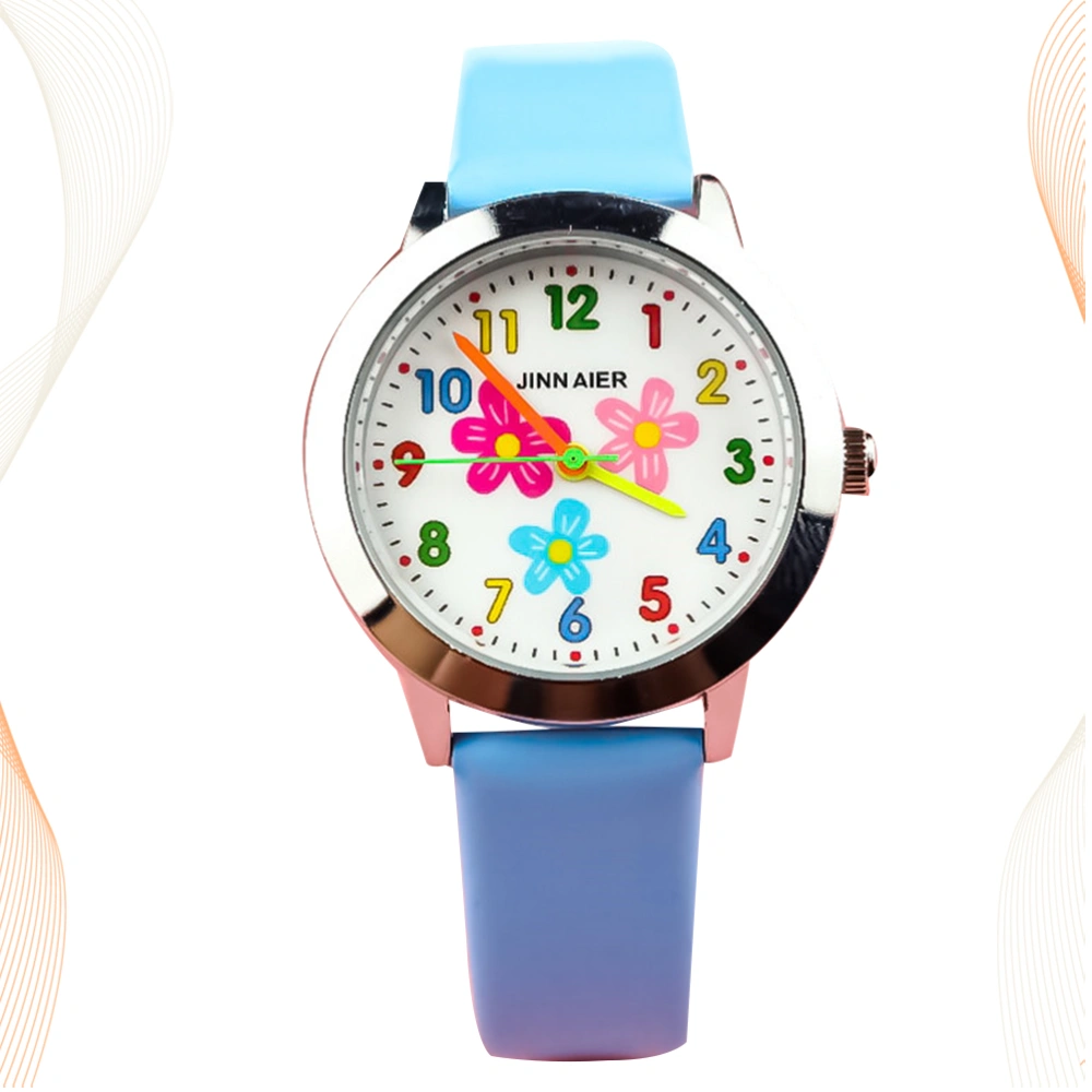 Flower Pattern Children Watch Creative Quartz Watch Fashion Kids Watch Birthday Gift for Students Toddlers (Blue)