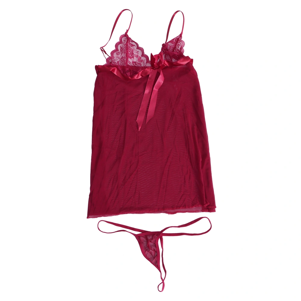 Women Sexy Lace Lingerie Dress Sheer Deep V Neck Sleepwear Nightgown Size L (Purplish Red)