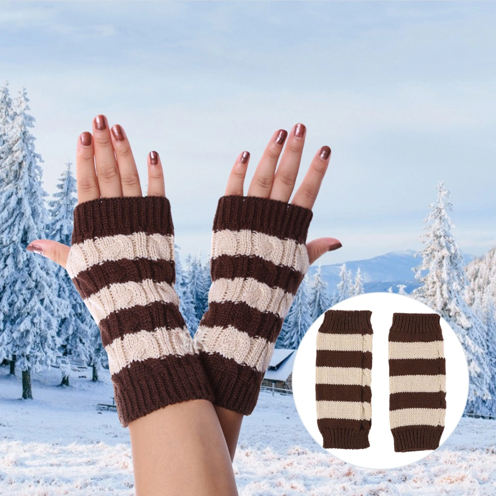 1 Pair Warm Keeping Stripe Knitted Woolen Yarn Half-finger Winter Gloves