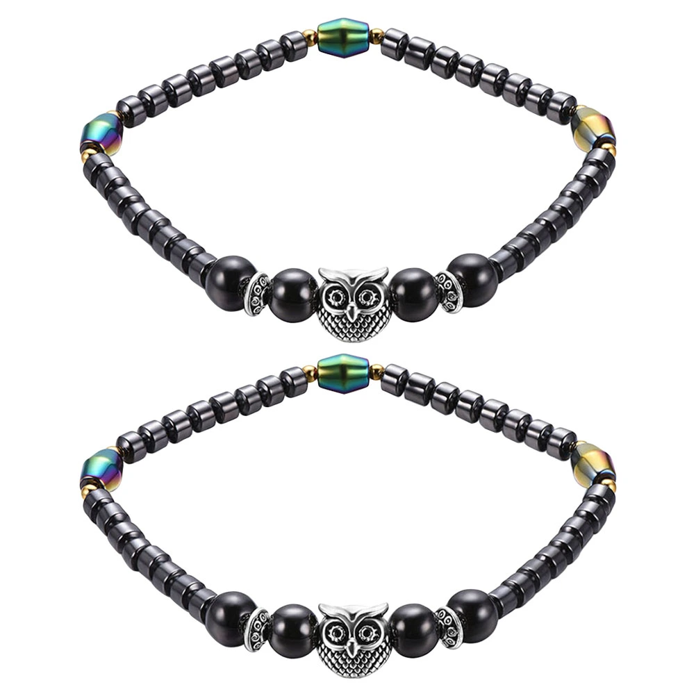 2pcs Magnetic Hematite Electroplated Anklet Round Beads Owl Decor Ankle Chain