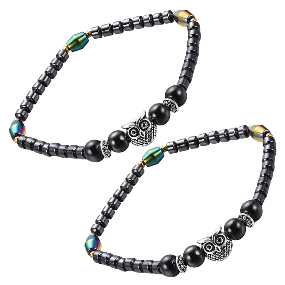 2pcs Magnetic Hematite Electroplated Anklet Round Beads Owl Decor Ankle Chain