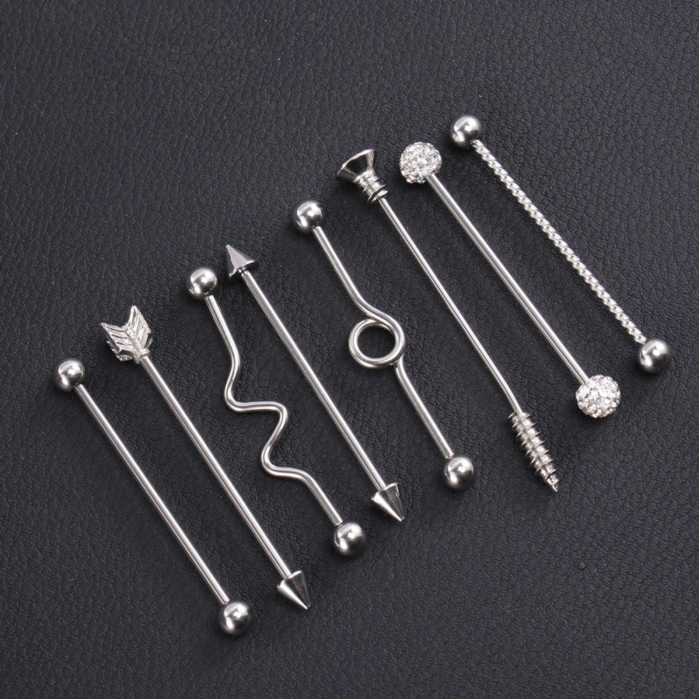 8Pcs Industrial Ear Studs Stainless Steel Arrows Screw Barbell Fashion Earring Piercing Jewelry for Woman Man (Silver)