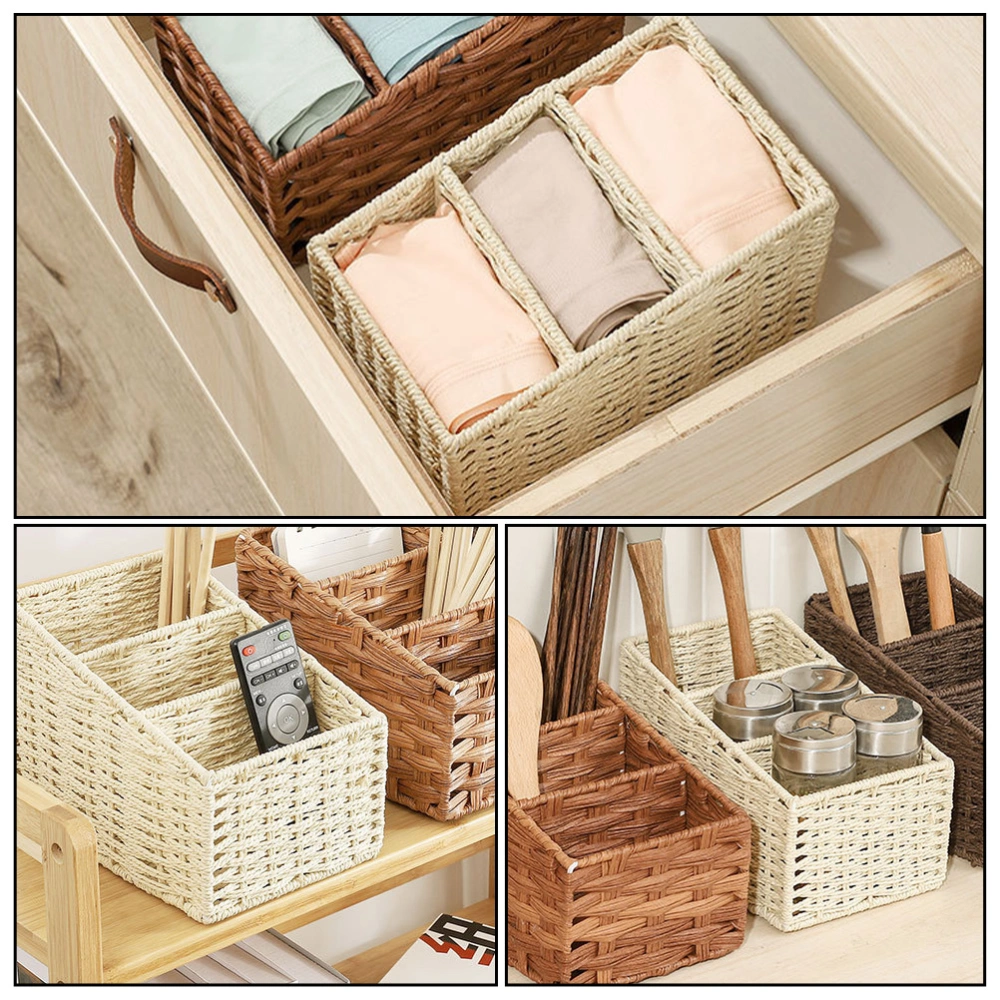 Trapezoidal Three Grids Desktop Storage Box Simulated Hand-woven Storage Basket