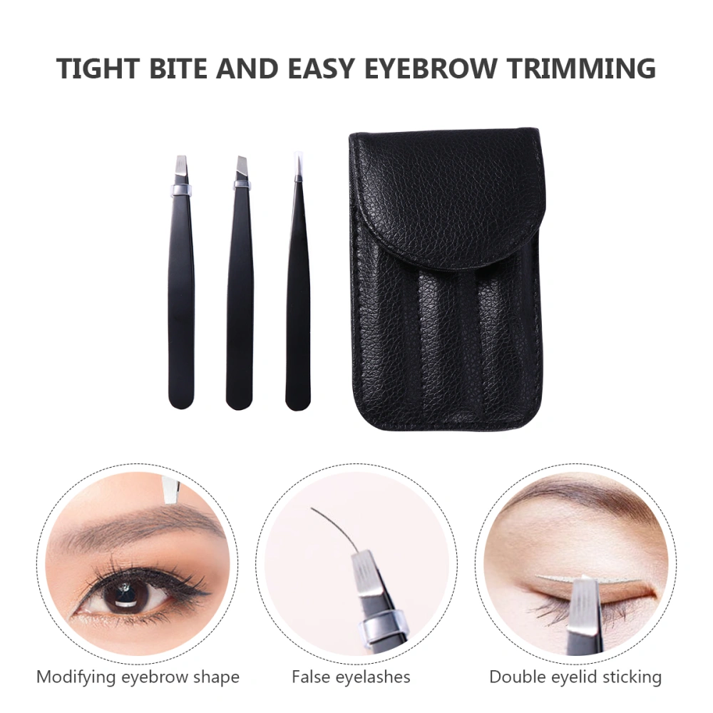 3pcs Practical Eyebrow Tweezers Set Eyebrow Trimmer Makeup Accessories with a Storage Bag(Black)