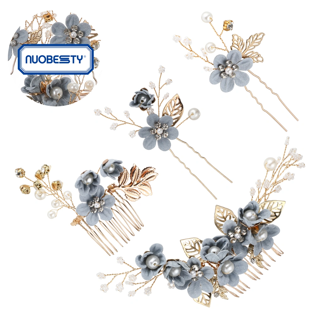 NUOBESTY 4pcs Bridal Hair Accessories Rhinestone Wedding Hair Combs U-shaped Pearl Hairpins Hair Clips (Blue)