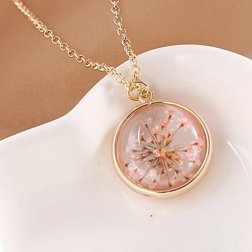 Dried Flower Necklace Transparent Creative Personality Gift Necklace for Woman (Pink)