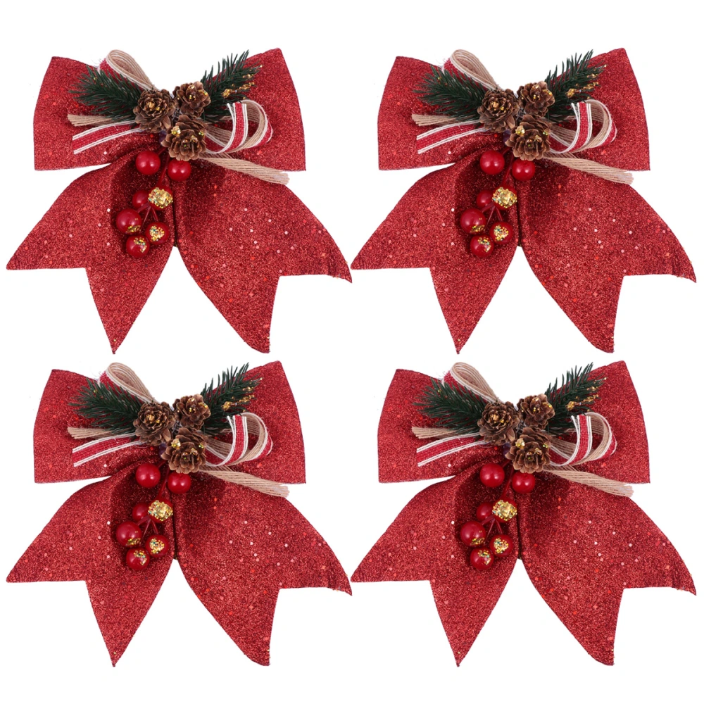 4pcs Christmas Atmosphere Decor Christmas Tree Pendant Glitter Pine Cone Bow