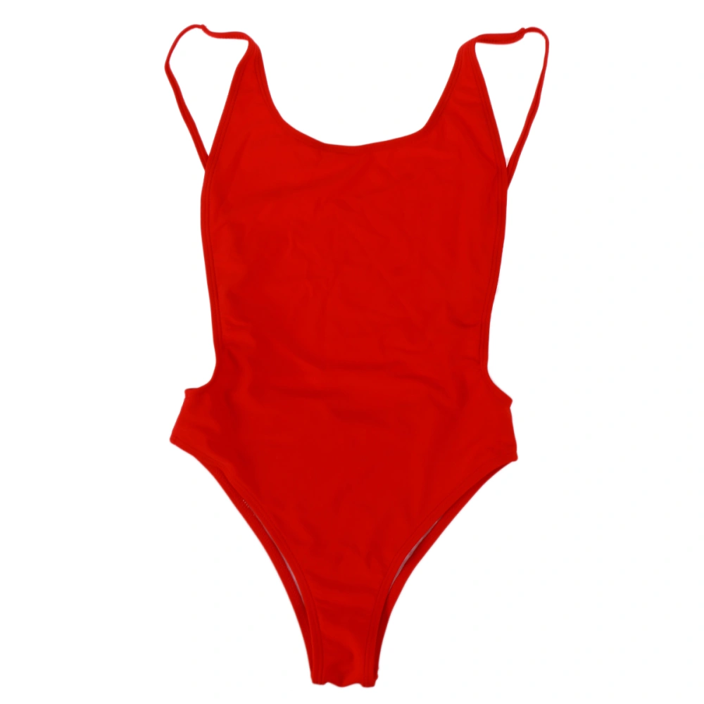 Women One-piece Swimsuit Elastic Classic Sling Swimwear Solid Color Shorts Backless High Waist Bathing Suit Beachwear - Size S (Red)