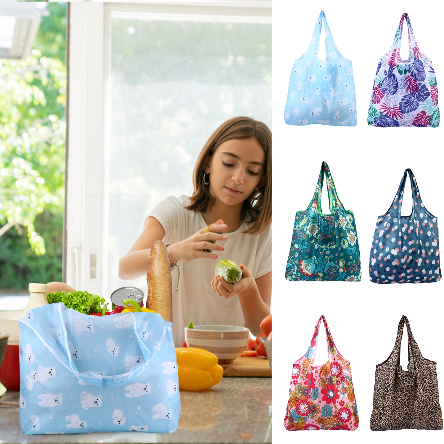 6pcs Folding Printing Storage Handheld Bags Shopping Bags (Assorted Color)