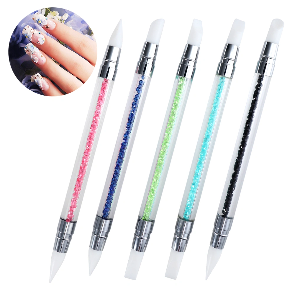 5pcs Silicone Nail Art Brushes Gel Carving Pen Pencil Tool Set With Acrylic Rhinestone Handle