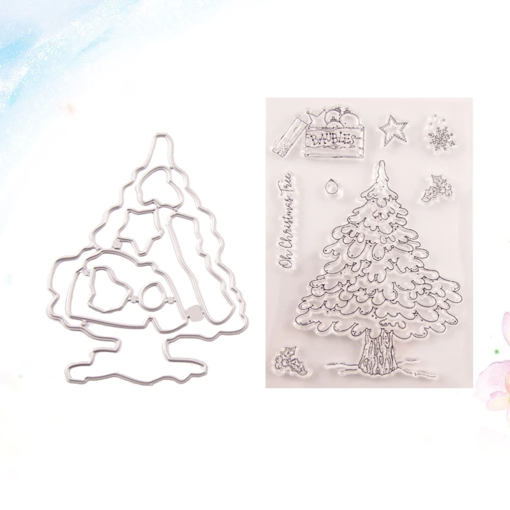 Christmas Tree Design Stamp Sheets Transparent TPR Seal Clear Decorative Stamps and Cutting Dies Set for DIY Scrapbooking Craft Photo Album Diary Decoration