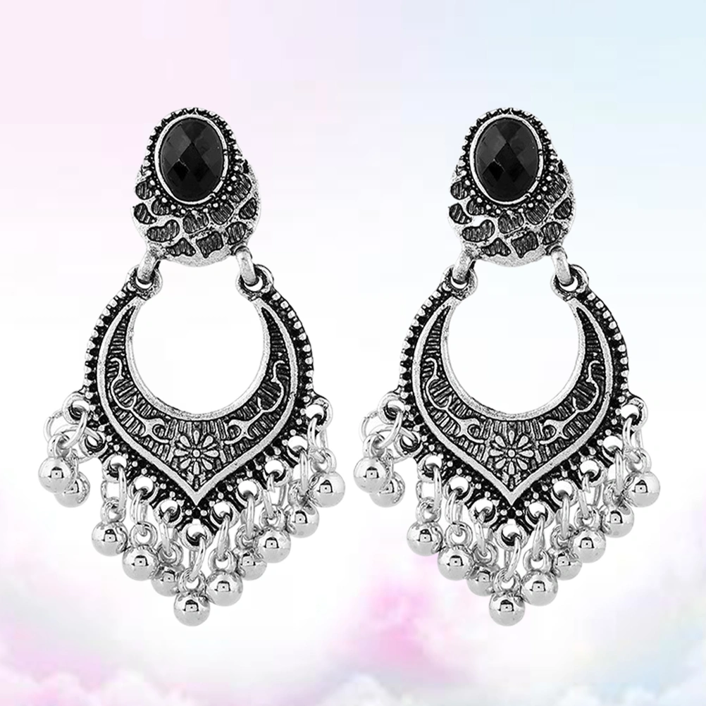 1 Pair of Ethnic Style Ear Dangle Tassel Dangler Beads Ear Drop Women Dangler Ear Jewelry Silver