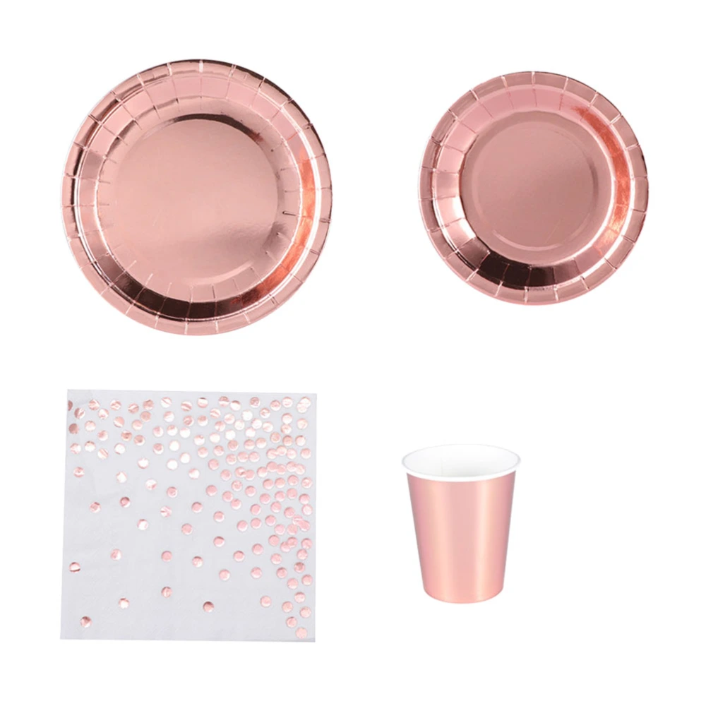 34pcs Disposable Tableware Kit Paper Plates Cup Napkin Set Fashion Dinnerware Birthday Party Supplies (Rosy Gloden)