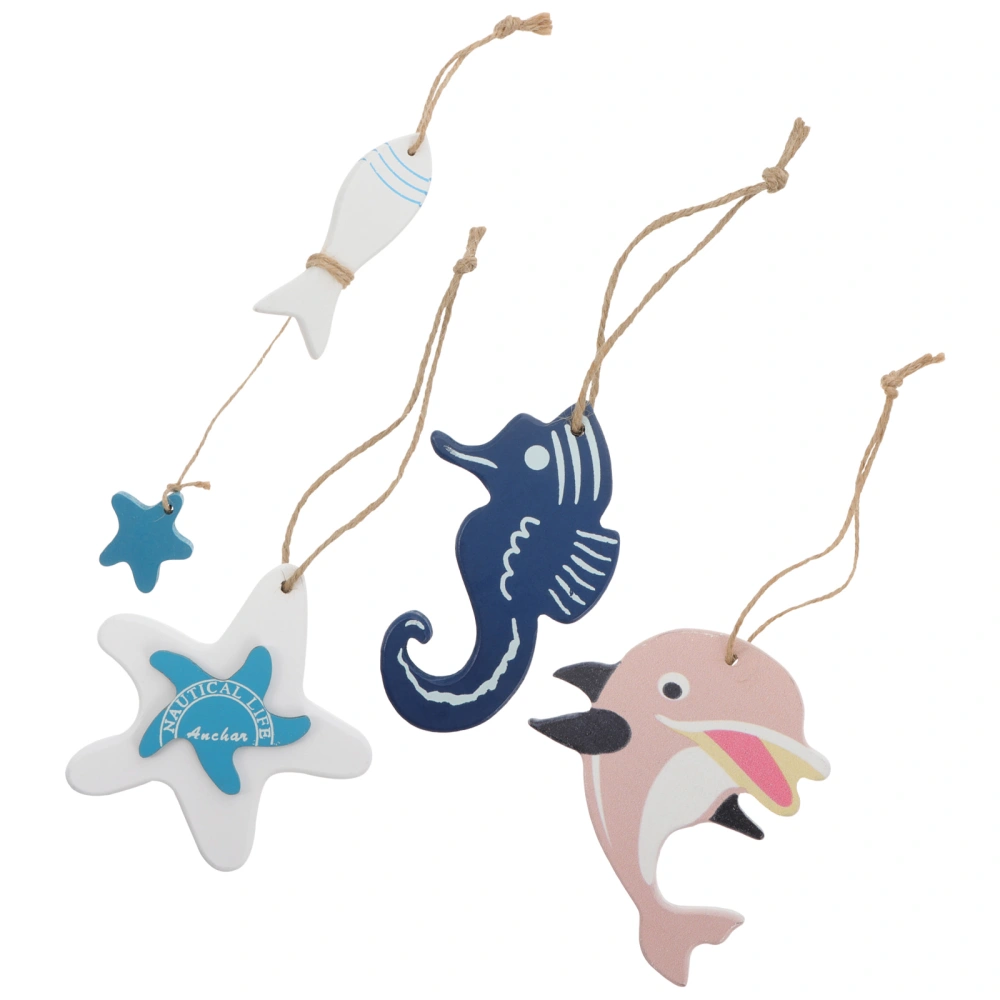 4pcs Marine Style Animals Hanging Ornaments Wooden Fish Bedroom Hanging Decor