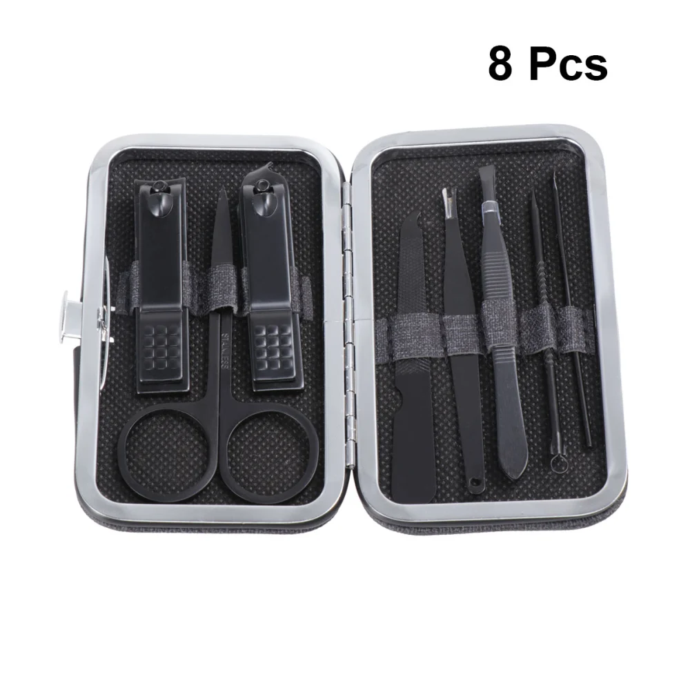 1 Set 8pcs Multipurpose Stainless Steel Manicure Pedicure Nail Cutter Eye-brow Shaping Tool Grooming Ear Cleaning Kit With Case (Black)