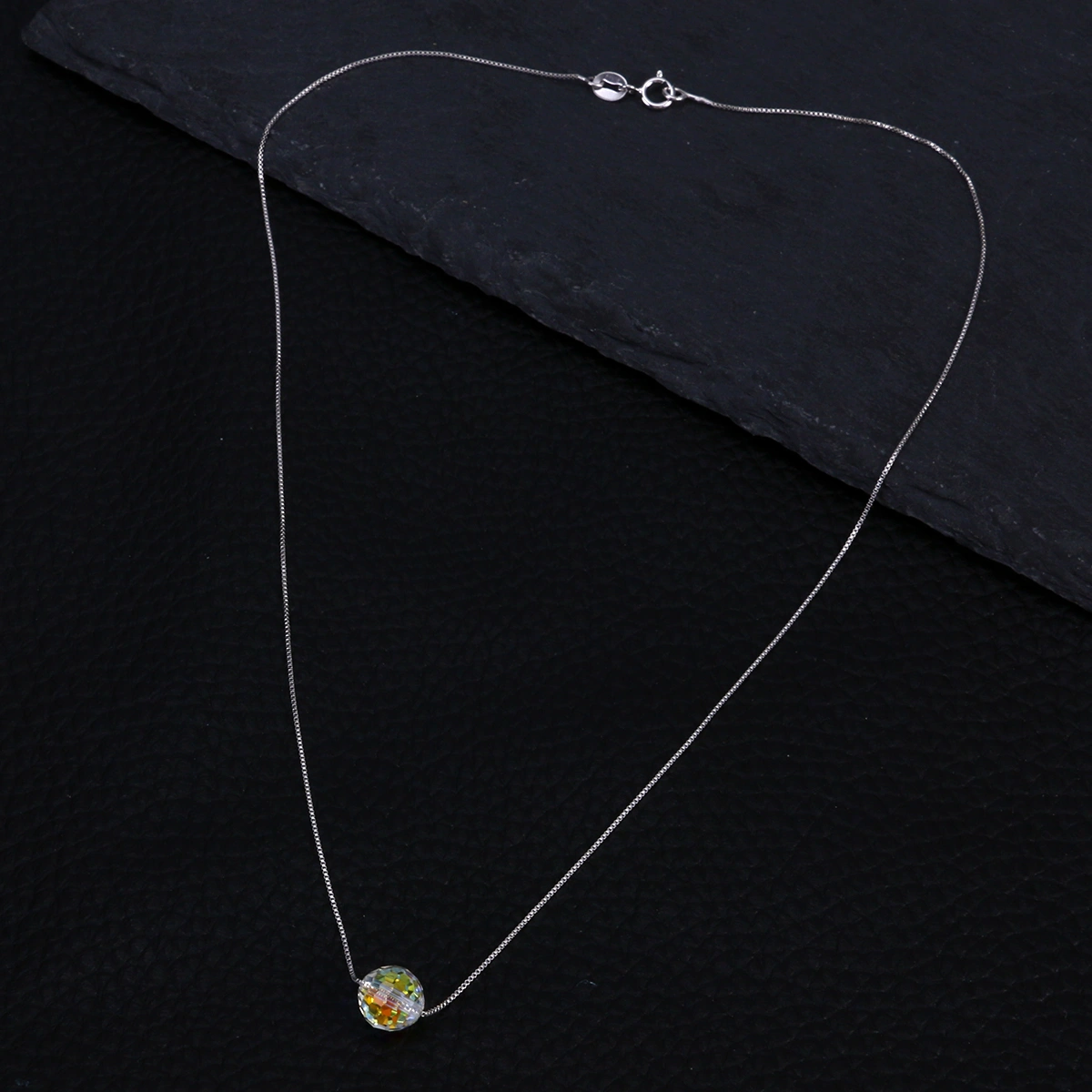 S925 Silver Pendant Necklace with Simple Design Delicate Slim Chain and Aurora Crystal Pendant(Ball)