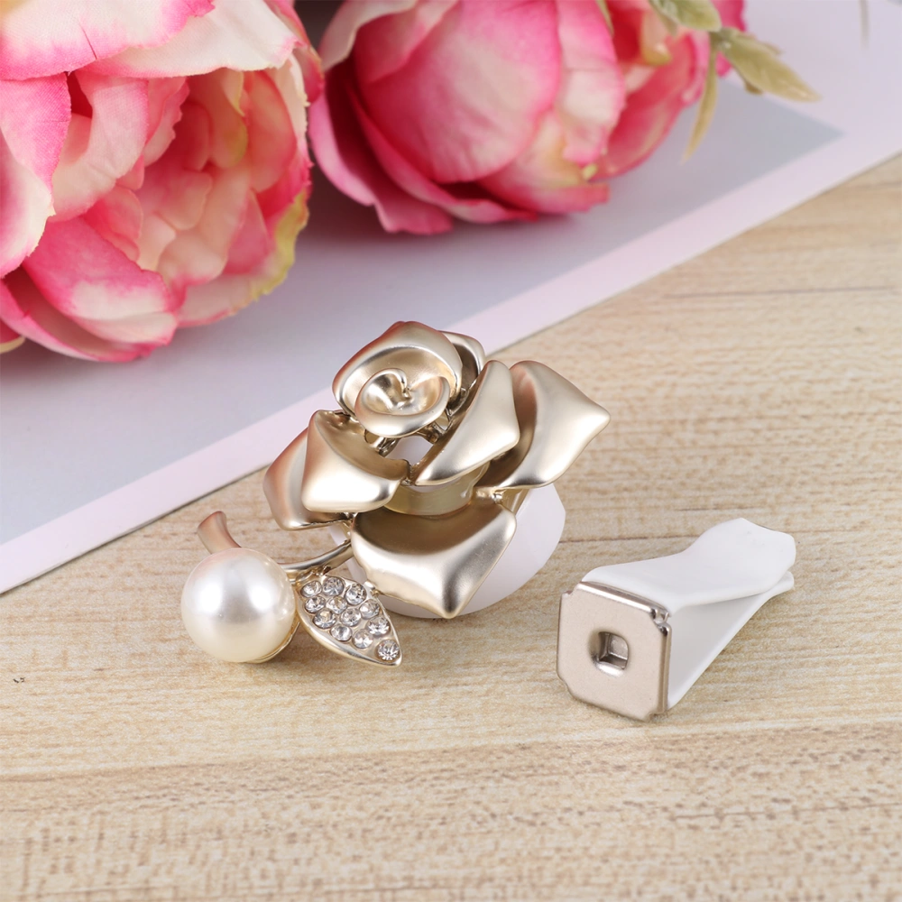 Golden Rose Shape Car Perfume Clip Sparkling Rhinestone and Pearl Vent Clip Charms Aromatherapy Diffuser Solid Auto Vehicle Dashboard Bling Decor Gift with Random Cotton Pad