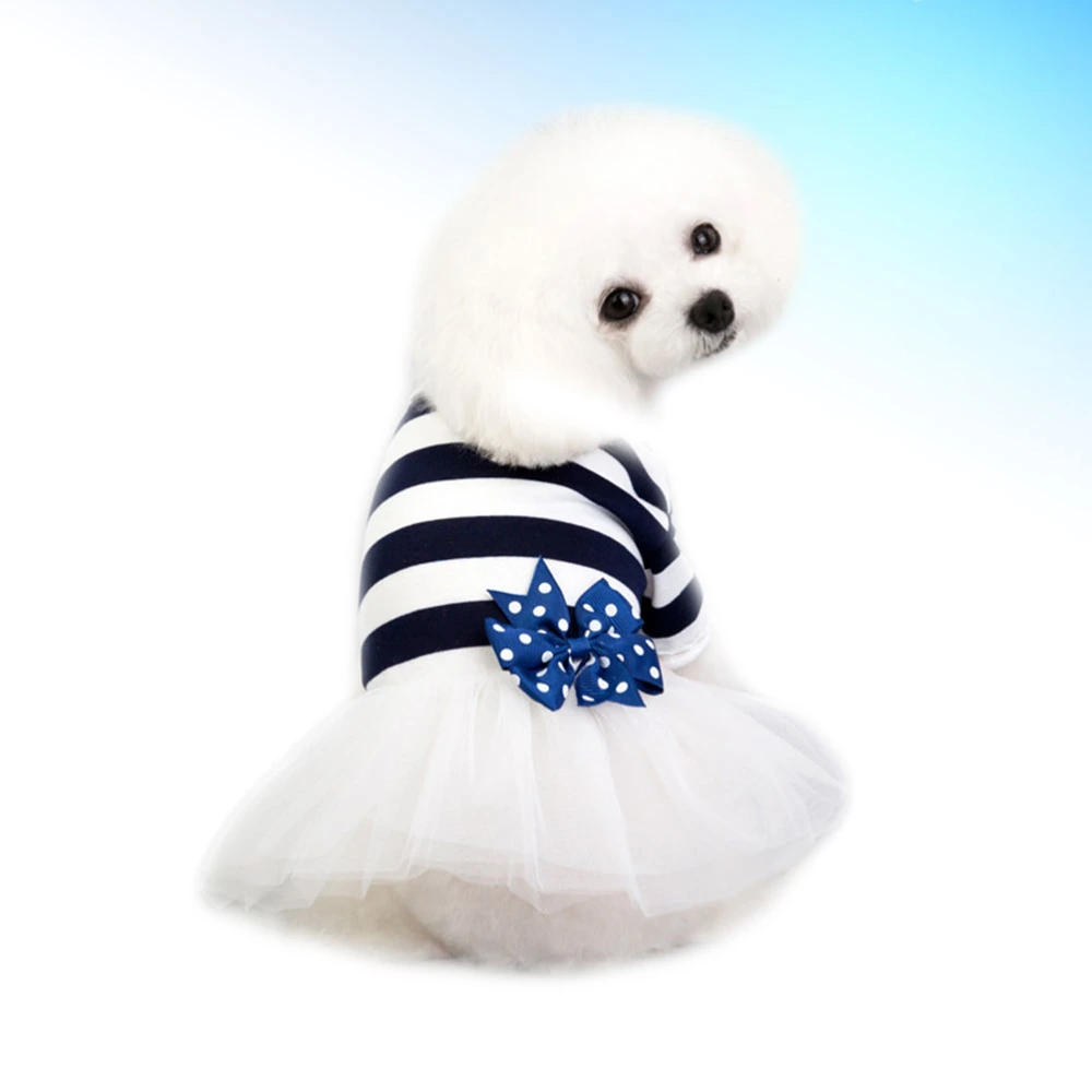 Dark Blue Dog Tutu Dress Bow Tulle Skirt Clothes Dog Stripe Costume Apparel Pet Supplies - Size XS