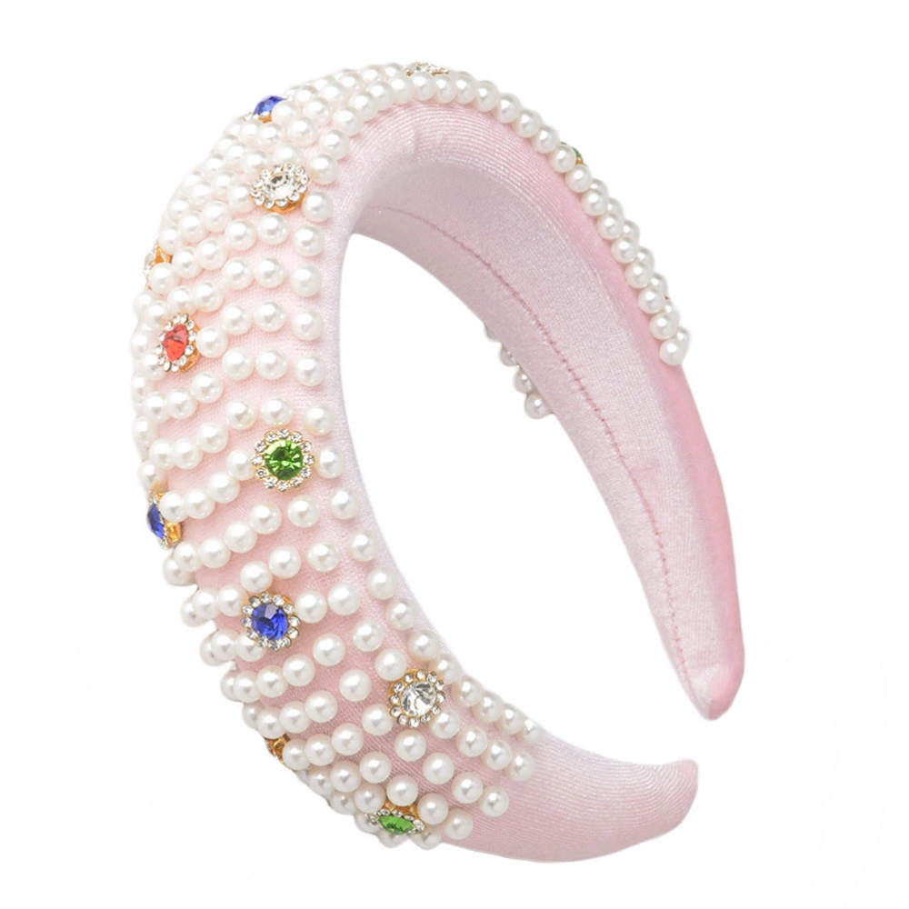 1PC Hair Manmade Pearl Colorful Rhinestone Headband Wide Hair Clasp (Pink)