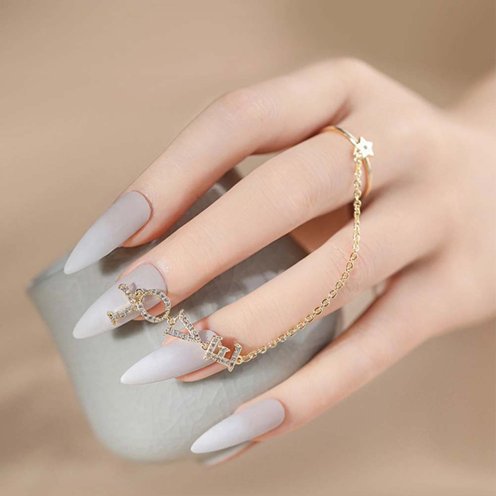 Nail Art Chain with Ring LOVE Nail Charms Zircon Manicures Ornament Nail Decor
