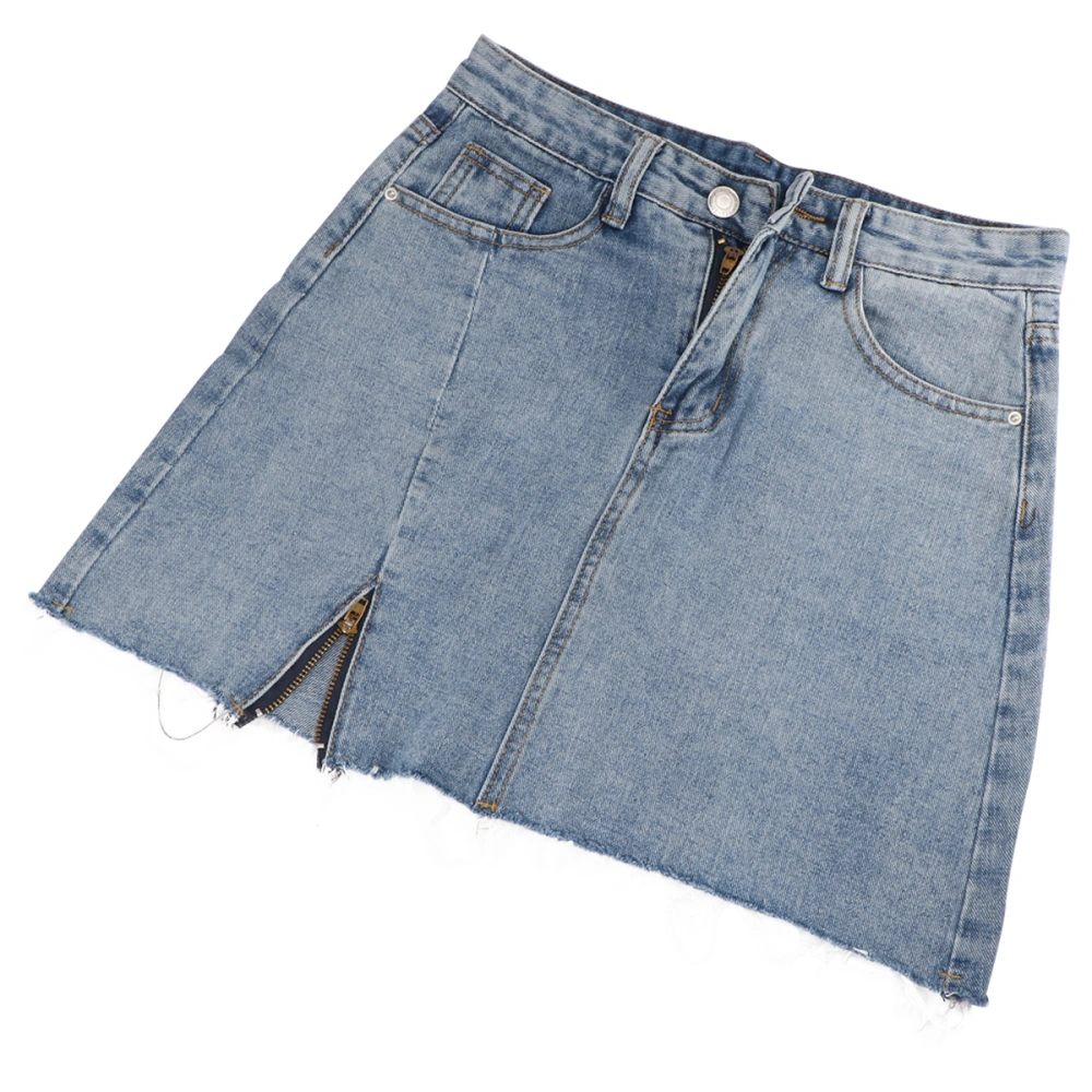 1Pc Denim Short Skirt Fashion Diagonal Zipper Skirt High Waist A-line Slit Hip Skirt Summer Women Skirt Light Blue - Size XS