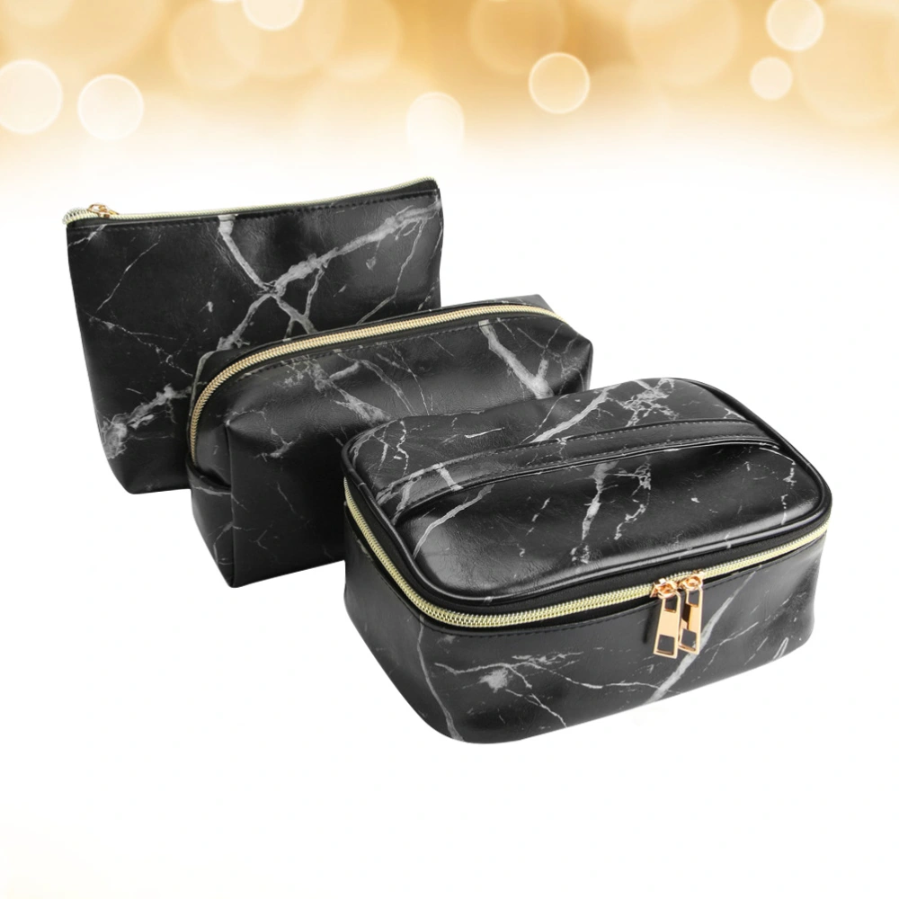 1 Set 3pcs Cosmetics Bag Makeup Brush Storage Bag Cosmetic Handbag Marbling Printed for Women (Black)