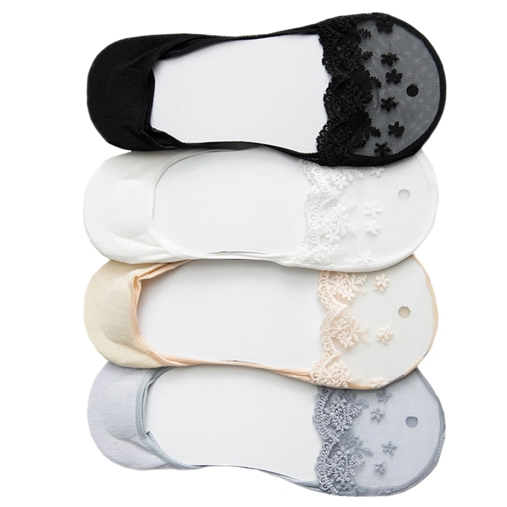 4 Pairs Summer Women Invisible Socks Cotton Shallow Mouth Socks Lace Boat Socks