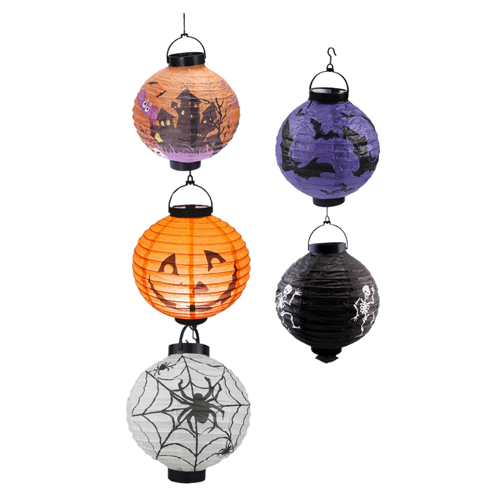 5pcs Halloween Paper Lantern Pumpkin Bat Spider Skeleton Castle LED Lantern Light for Indoor Outdoor Halloween Party Decor