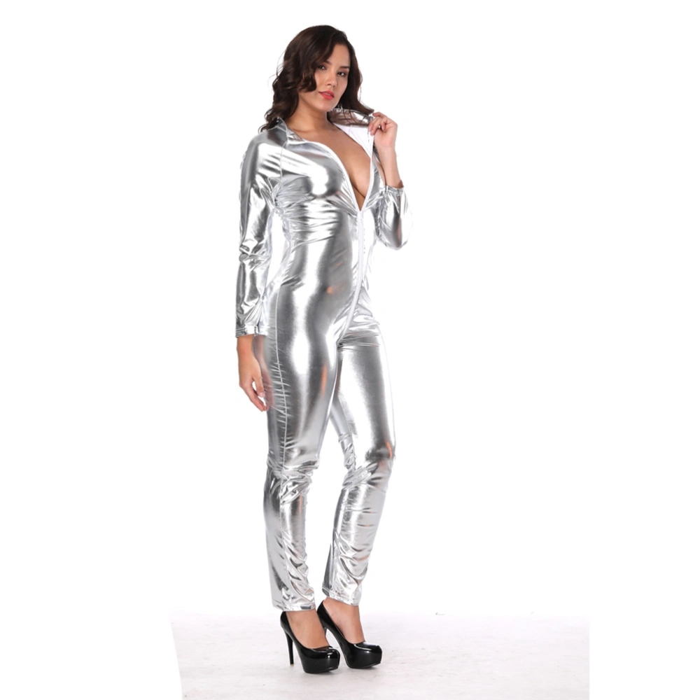 Charmed Women Patent Leather Sexy Tube Dress Lingerie Large Size Nightdress Uniforms Nightclub Clothing Size XL(Silver)