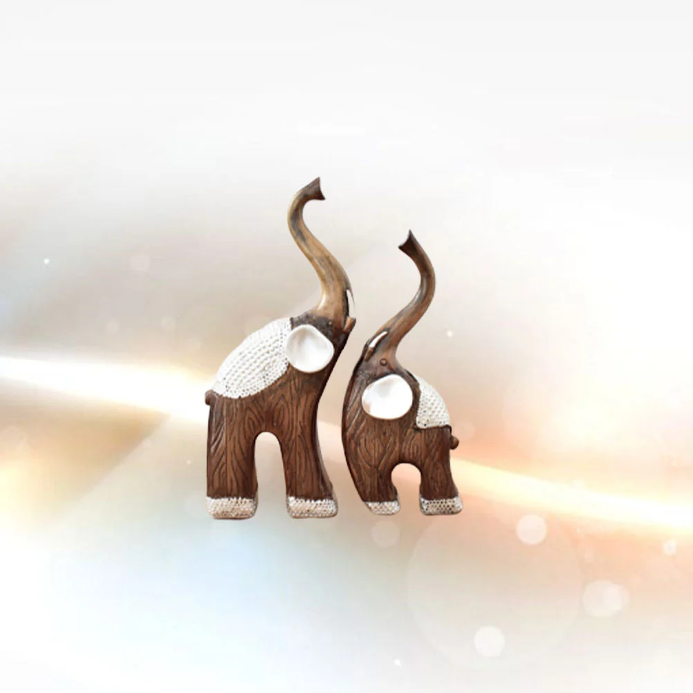 1 Set/2 Pcs Resin Ornament Handicraft Simulation Wood Grain Elephants Sculpture Desktop Decoration Photo Props Supplies for Couple Gift (Large and Small Style)