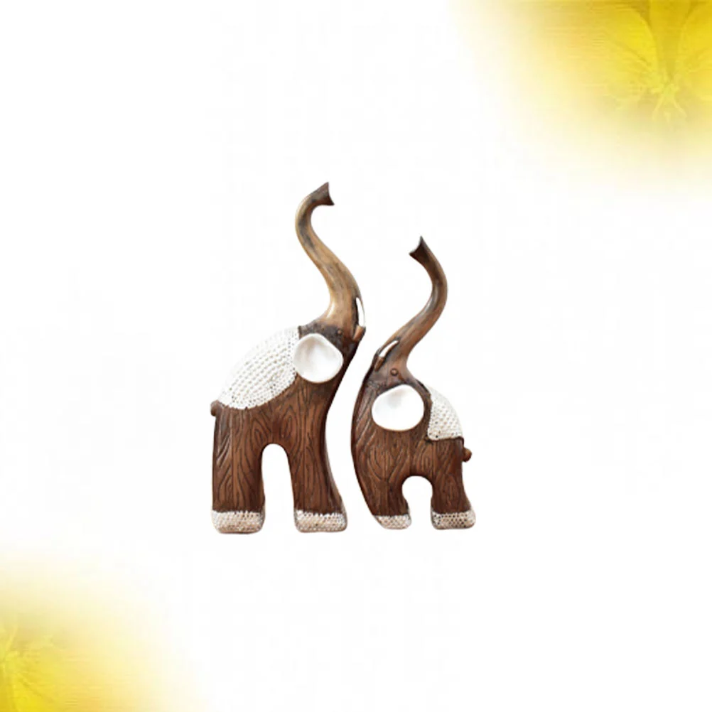 1 Set/2 Pcs Resin Ornament Handicraft Simulation Wood Grain Elephants Sculpture Desktop Decoration Photo Props Supplies for Couple Gift (Large and Small Style)