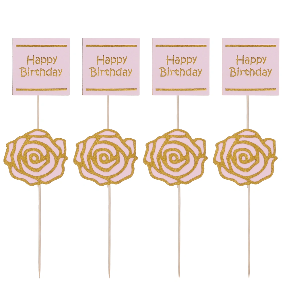 8pcs Party Rose Cupcake Toppers Birthday Cake Insert Cards Cake Decorations