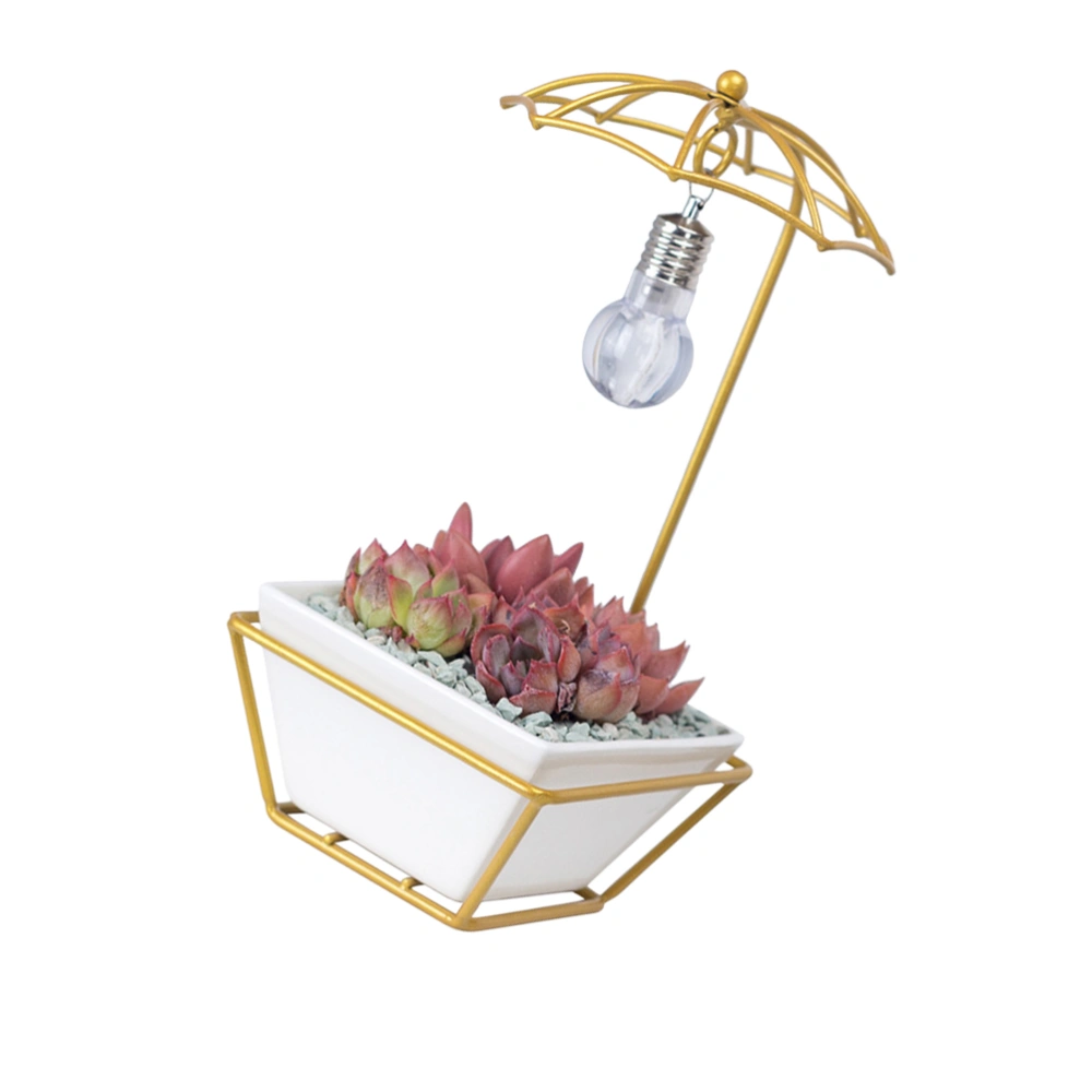 1 Set Creative Flower Bowl Iron Rack Flowerpot Mini Succulent Planter Bonsai Storage Pot Gardening Supply with Light Bulb (White Planter, Golden Rack)