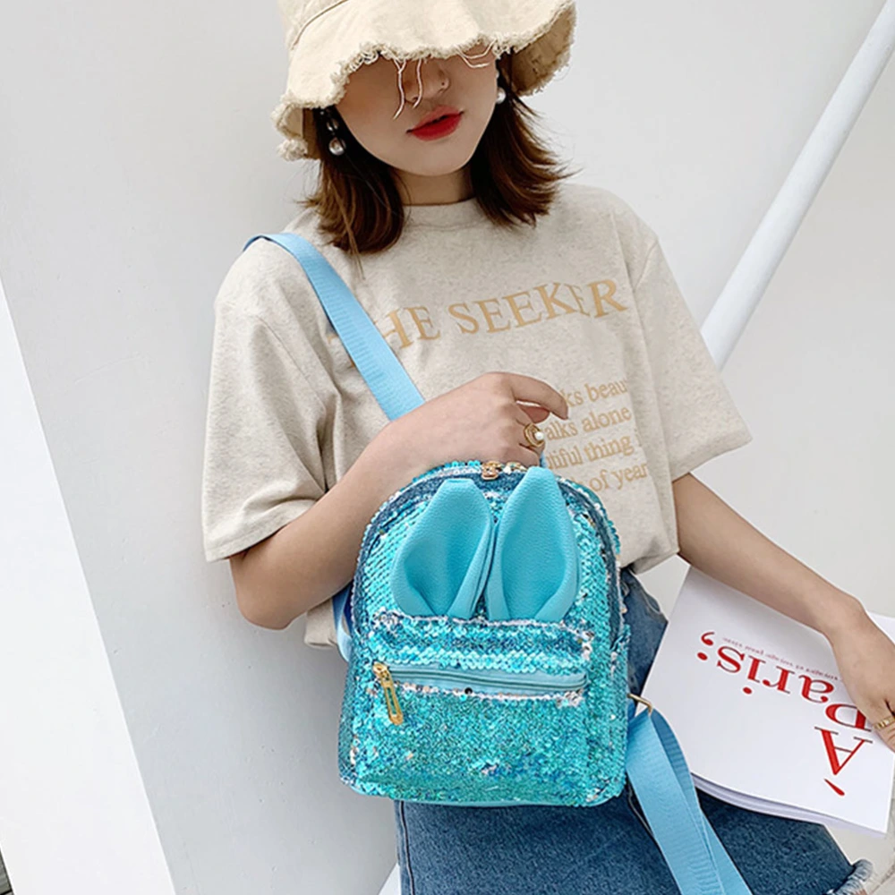 Women Sequined Backpack Creative Bunny Ears Fashion Portable Travel PU Back Bags Sky-blue Schoolbag for Students Females  Girls