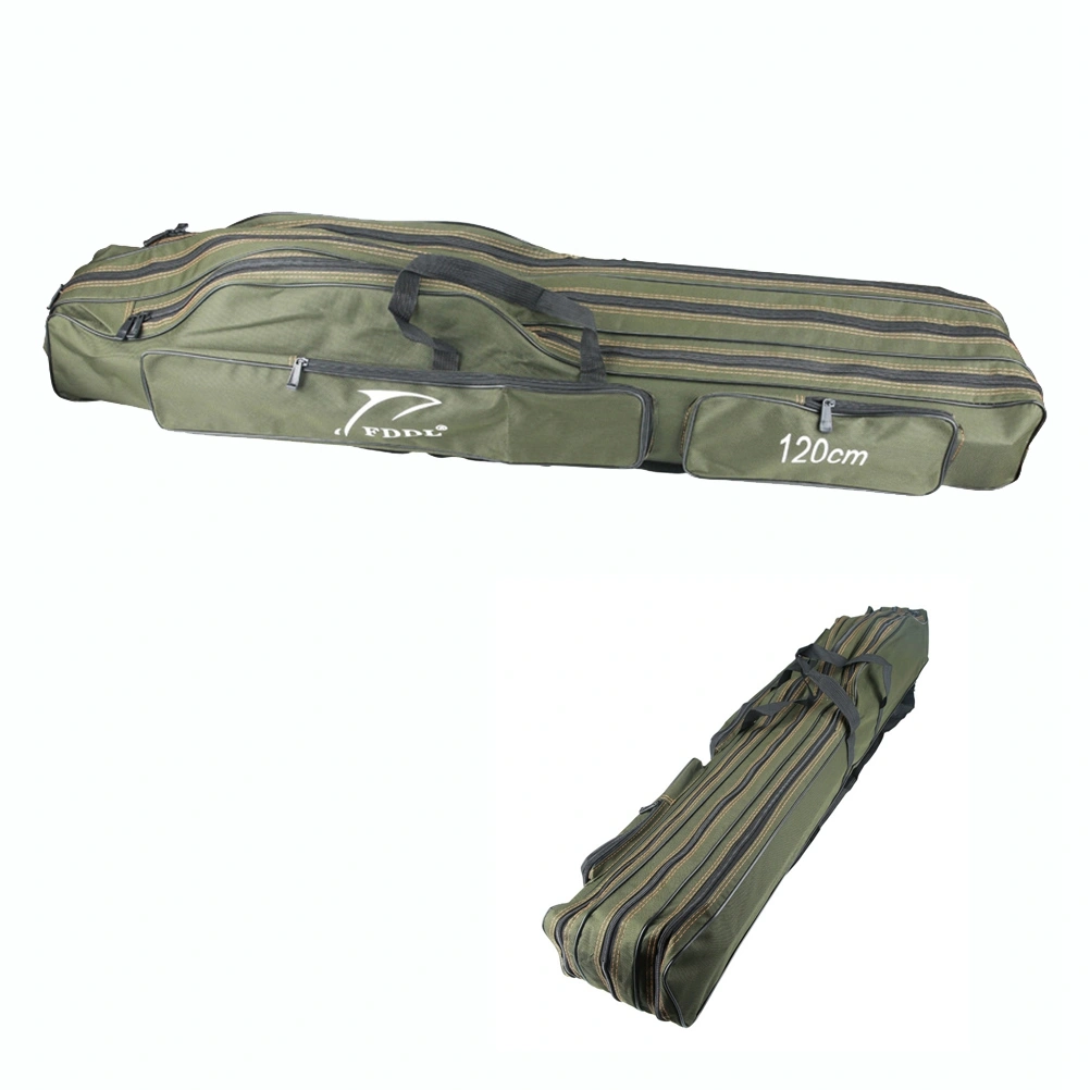Canvas Foldable Fishing Rod Case Double-layer Blue Fishing Rod Carrier Fishing Pole Reel Tools Travel Case Outdoor Fishing Tackle Gear Storage Bag (Army Green)