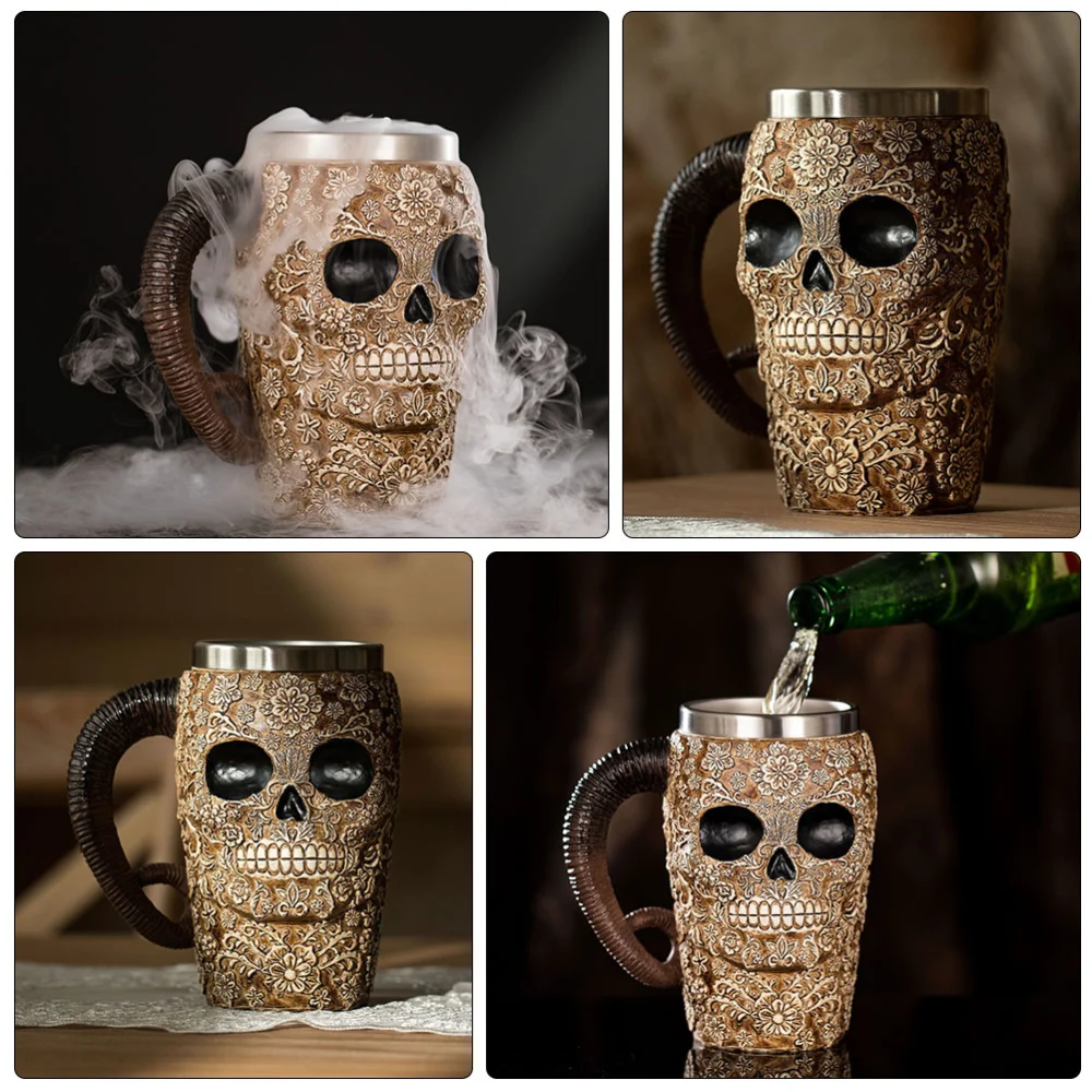 Skull Patterned Cup Cleat Handle Cup Creative Beer Mug Halloween Gift Golden